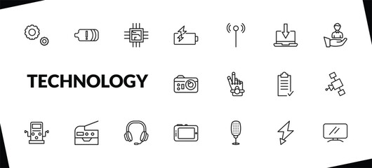 outline technology icons set. editable linear battery with two bars, big chip, battery power, and other 15 icons in this category isolated on transparent background.