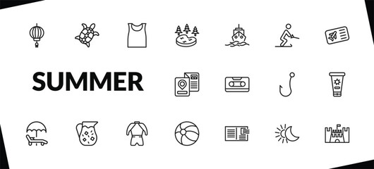 outline summer icons set. editable linear sea turtle, sleeveless, lake, and other 15 icons in this category isolated on transparent background.