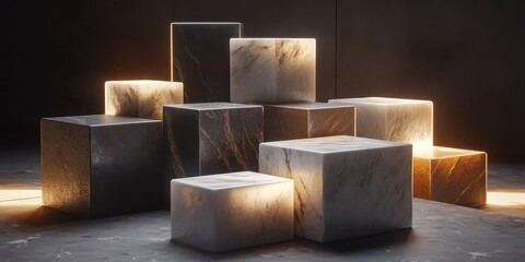 This visually striking composition features textured stone blocks illuminated by dramatic lighting, creating an elegant and modern aesthetic suitable for various design projects.