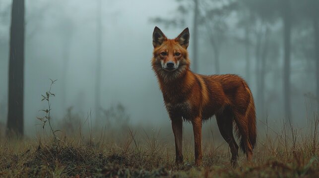 A dhole stands poised and alert amid the mist that envelops the grassy plain. The soft light of dawn highlights its rich russet fur as it surveys its surroundings, embodying the essence of wilderness