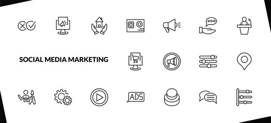outline social media marketing icons set. editable linear digital marketing, homeless, letter with stamp, and other 15 icons in this category isolated on transparent background.