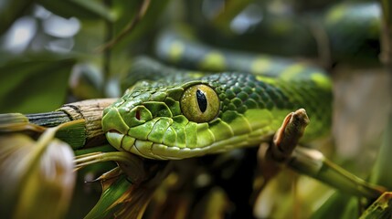 Naklejka premium The white-lipped bamboo otter (Trimeresurus albolabris, syn.: Cryptelytrops albolabris) with large eyes lies in a lurking position on a branch, AI generated, AI generated