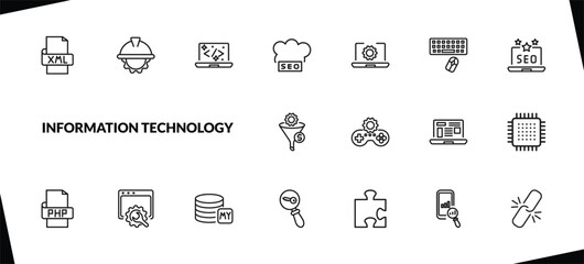 outline information technology icons set. editable linear engineering, clean code, seo cloud, and other 15 icons in this category isolated on transparent background.