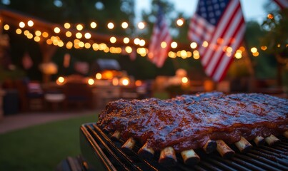 Glowing 4th of July BBQ Celebration with Grilled Ribs and USA Flags in a Festive Backyard Setting at Twilight, 