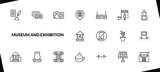 outline museum and exhibition icons set. editable linear postcards, photographic, museum map, and other 15 icons in this category isolated on transparent background.