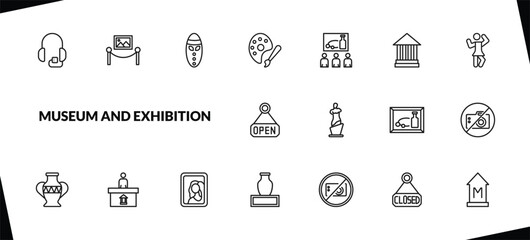outline museum and exhibition icons set. editable linear painting, mask, palette, and other 15 icons in this category isolated on transparent background.