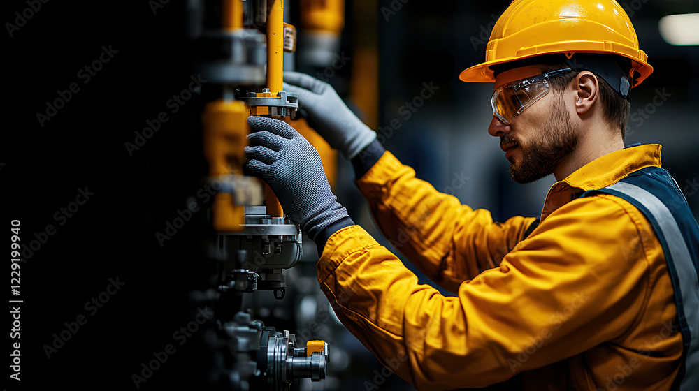 Poster focused engineer in safety helmet and gloves inspects machinery components in industrial setting, sh