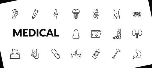 outline medical icons set. editable linear ointment, knee, implants, and other 15 icons in this category isolated on transparent background.