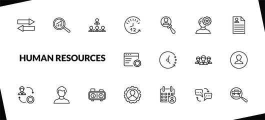outline human resources icons set. editable linear analysis, company structure, 12 hours, and other 15 icons in this category isolated on transparent background.