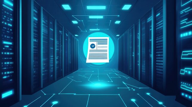 Digital Payroll Management: A futuristic server room setting with a holographic icon depicting a payroll document.