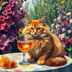 Fototapeta premium A ginger cat on a table with a cocktail in a garden