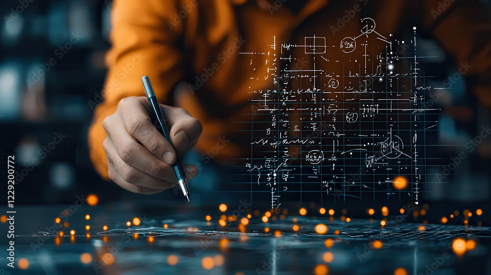 Poster person drawing mathematical symbols and diagrams with pen, surrounded by glowing particles, showcasi