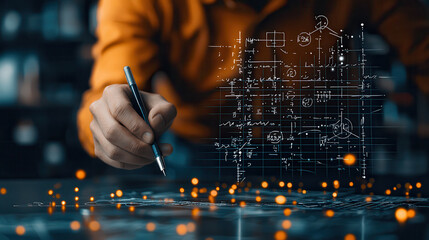 person drawing mathematical symbols and diagrams with pen, surrounded by glowing particles, showcasing creativity and innovation in conceptual workspace