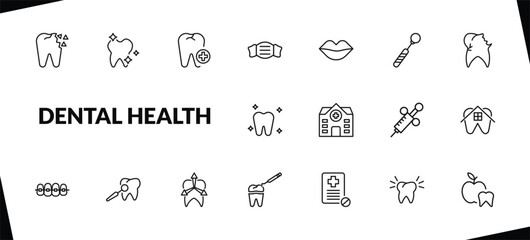 outline dental health icons set. editable linear shiny tooth, aid, dentist mask, and other 15 icons in this category isolated on transparent background.