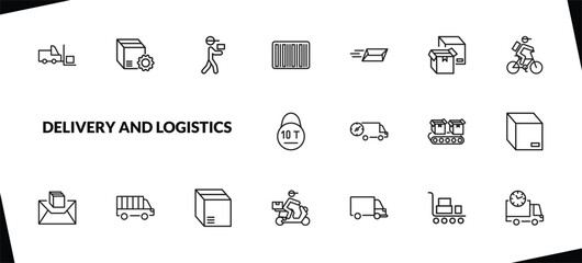 outline delivery and logistics icons set. editable linear delivery tings, courier, bar code, and other 15 icons in this category isolated on transparent background.