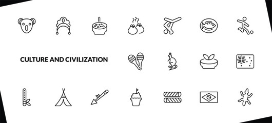 outline culture and civilization icons set. editable linear kokoshnik, crema catalana, dumplings, and other 15 icons in this category isolated on transparent background.