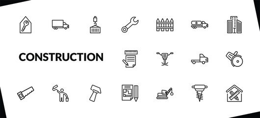 outline construction icons set. editable linear truck with freight, derrick with load, round wrench, and other 15 icons in this category isolated on transparent background.