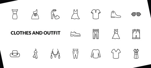 outline clothes and outfit icons set. editable linear one shoulder dress, platform sandals, long bandeau dress, and other 15 icons in this category isolated on transparent background.