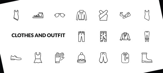 outline clothes and outfit icons set. editable linear gladiator sandal, pilot sunglasses, hooded jacket, and other 15 icons in this category isolated on transparent background.
