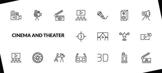 outline cinema and theater icons set. editable linear old projector, plus 18 movie, film viewer, and other 15 icons in this category isolated on transparent background.