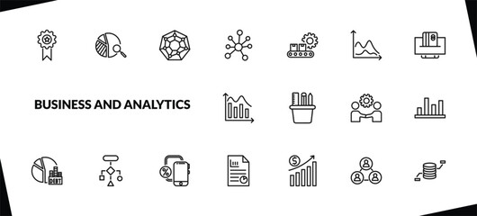 outline business and analytics icons set. editable linear data analysis pie chart, radar chart, connected data, and other 15 icons in this category isolated on transparent background.