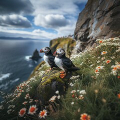 Fototapeta premium Puffin (Fratercula arctica) stands on a steep rock on the coast, ai generated