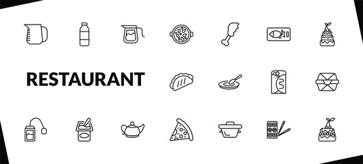 outline restaurant icons set. editable linear milk brick, coffe pot, paella with parwns, and other 15 icons in this category isolated on transparent background.