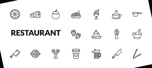 outline restaurant icons set. editable linear piece of cheese, fresh tomato, plate of spaghetti, and other 15 icons in this category isolated on transparent background.