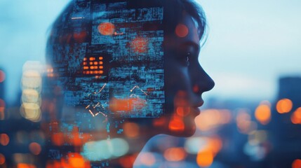 Creative business chart hologram on blurry blue city background. Innovation, finance, trade, future, ai and technology concept. Double exposure