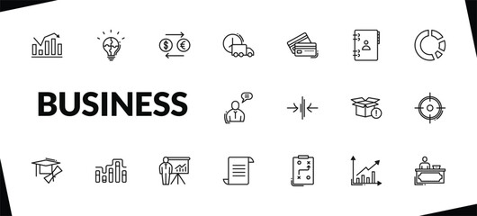 outline business icons set. editable linear strategic, currency exchange, logistic, and other 15 icons in this category isolated on transparent background.