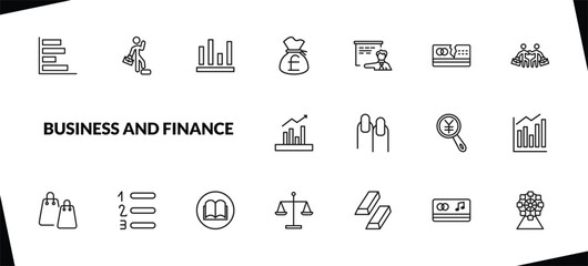 outline business and finance icons set. editable linear man succesing, column chart, pounds money bag, and other 15 icons in this category isolated on transparent background.