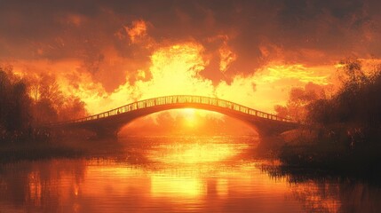 Fototapeta premium A breathtaking sunset casts vibrant hues over a tranquil river, with a graceful bridge framing the scene, embodying the calm and beauty of nature.