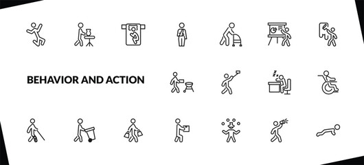 outline behavior and action icons set. editable linear man doing pottery, man sleeping, fracture arm, and other 15 icons in this category isolated on transparent background.