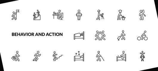 Fototapeta premium outline behavior and action icons set. editable linear helping a man to climb, man eating, man reading newspaper, and other 15 icons in this category isolated on transparent background.