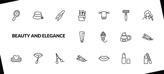 outline beauty and elegance icons set. editable linear massage, tweezers, little makeup box, and other 15 icons in this category isolated on transparent background.