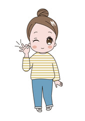 OKのポーズでウインクをしている笑顔のおだんごヘアでボーダーシャツを着た若いかわいい女性のイラスト