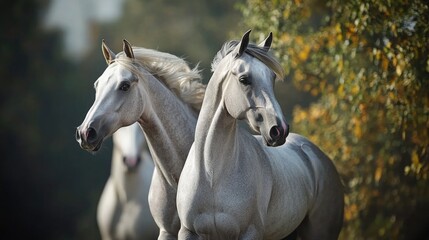 Two majestic white horses standing side by side