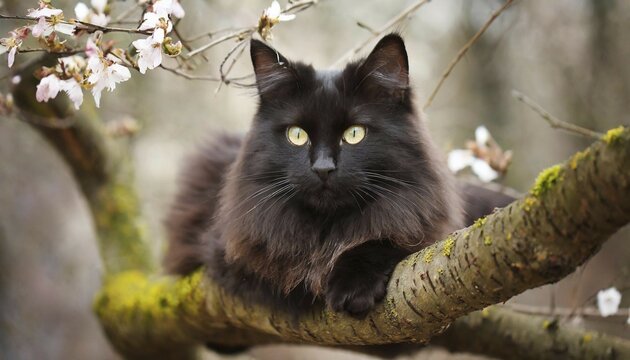 AI generated, animal, animals, mammal, mammals, cat, felidae (Felis catus), pedigree cat, pedigree cats, A black Main Coon cat rests in a tree
