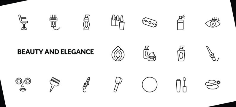 outline beauty and elegance icons set. editable linear hair clipper, face cleanser, manicure, and other 15 icons in this category isolated on transparent background.