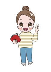 お財布をもってピースのおだんごヘアでボーダーシャツを着た若いかわいい女性のイラスト