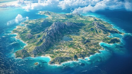 A mountainous tropical island surrounded by vibrant blue ocean