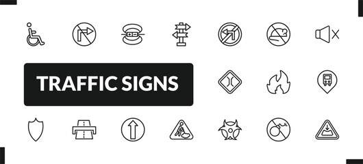 outline traffic signs icons set. editable linear no turn, magnetic field, crossroad, and other 14 icons in this category isolated on transparent background.