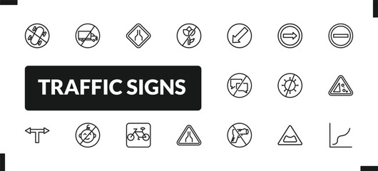 outline traffic signs icons set. editable linear no trucks, narrow lane, no picking flowers, and other 14 icons in this category isolated on transparent background.