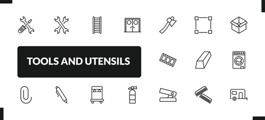 outline tools and utensils icons set. editable linear cross wrench, hanging ladder, doors, and other 14 icons in this category isolated on transparent background.