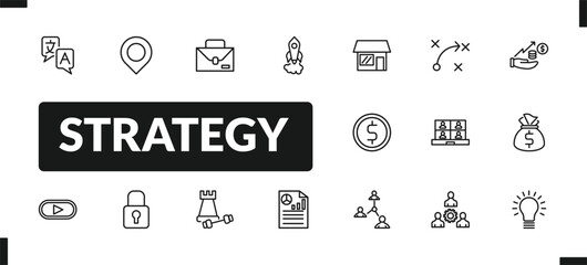 outline strategy icons set. editable linear placeholder, briefcase, startup, and other 14 icons in this category isolated on transparent background.
