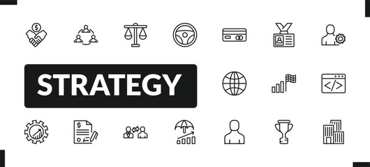 outline strategy icons set. editable linear collaboration, balance, steering wheel, and other 14 icons in this category isolated on transparent background.