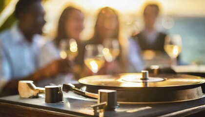 Obraz premium Friends enjoy drinks vinyl record playing together in cozy setting at sunset, bokeh effect ai generated, AI generated