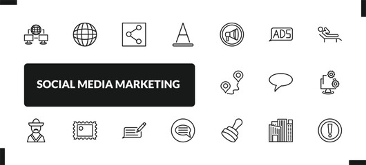 outline social media marketing icons set. editable linear net, photo share, letter color, and other 14 icons in this category isolated on transparent background.