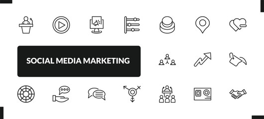 outline social media marketing icons set. editable linear video player, digital marketing, timeline, and other 14 icons in this category isolated on transparent background.