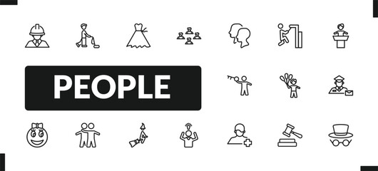 outline people icons set. editable linear man vacuuming, bridesmaids, team success, and other 14 icons in this category isolated on transparent background.